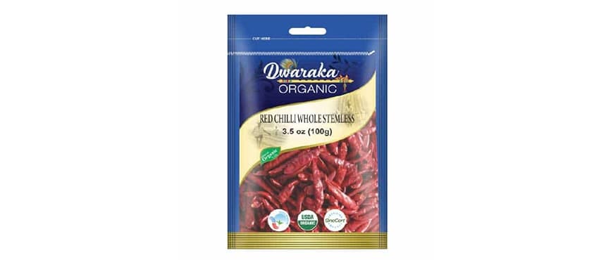 dwaraka organic red chilli whole stemless packet in blue color