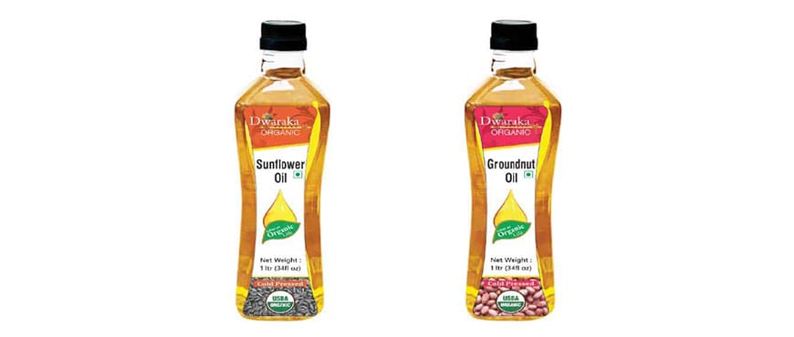 Organic cooking oil in two bottles